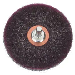 This brush features a crimped steel fill of 0.012" and a 3" diameter by 1/4" width, with a 1/4" shank. Designed for light cleaning, surface preparation, and deburring on carbon steel, it is suitable for weld cleaning and rust removal in industrial applications.