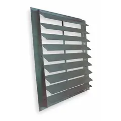 This wall-mount backdraft damper is designed for use with a 48-inch fan to prevent reverse airflow when the fan is off. It features a double-panel extruded aluminum construction with flat blades, measures 51 inches high by 51 inches wide by 3 inches deep, and supports horizontal airflow in a vertical mounting position. Maximum air velocity is 3250 fpm.
