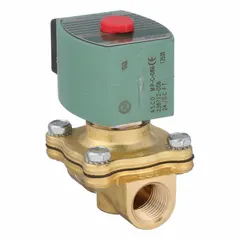 This 2-way/2-position normally closed solenoid valve features a brass body and is designed for high-flow applications. It operates on 24V DC and has a 1/2 in pipe size. Suitable for on/off control of compatible fluids in industrial and process systems.
