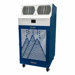 This heavy-duty portable air conditioner provides 120,000 BtuH of cooling capacity for indoor use. It operates on 230V AC and includes an air filter. Suitable for large spaces such as warehouses, factories, and event halls.