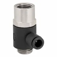 This tube fitting connects 3/8 mm BSPP threaded pipe to 5/16 in OD push-to-connect tubing. Constructed of nylon and nickel-plated brass, it is suited for pneumatic systems, air lines, and fluid handling applications requiring a leak-free joint