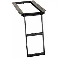 This retractable truck step is constructed from steel with a black finish and a non-slip tread. It provides a secure stepping surface for accessing truck beds, trailers, or other elevated platforms. Suitable for fleet maintenance, logistics, and heavy equipment applications where safe entry and exit are needed.