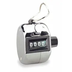 Hand tally counter with a 4-digit LCD display in a silver and white housing. Can be handheld or mounted for flexible use. Mechanical push-button operation requires no batteries. Suitable for counting items, events, or cycles in industrial, warehouse, and field applications.