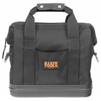 This nylon wide-mouth tool bag is constructed from black Cordura fabric. It measures 15 inches wide by 8 inches deep by 13 inches high and features 10 total pockets, including 8 inside pockets. The wide-mouth opening provides easy access to tools and meters, making it suitable for carrying and organizing hand tools and small parts on job sites