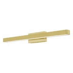 Wall-mounted integrated LED vanity fixture in Satin Brass finish. Delivers 1,200 lumens with selectable color temperatures (2700K/3000K/3500K/4000K/5000K). Operates at 25 W on 120 to 277V AC. Suitable for bathroom, dressing area, or accent lighting in residential or commercial settings.