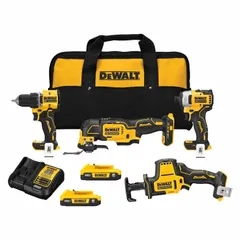 This 4-tool combination kit operates on a 20 V DC battery system and includes a reciprocating saw for cutting wood, metal, and drywall. The set is suited for construction, renovation, and maintenance tasks where cordless portability is required. Battery and charger are included.