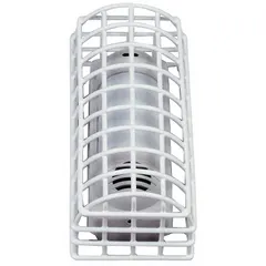 Steel guard for indoor motion detectors. White finish. Overall depth 8 3/4 in, overall length 4 in. Surface-mount, wall-mounted. Includes mounting hardware. Helps protect against vandalism and damage.