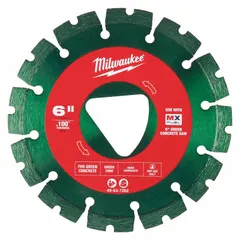 This 6-inch diameter diamond saw blade is designed for dry cutting of green concrete. It features a segmented rim for efficient material removal and a 6-inch arbor size. Suitable for use with handheld saws in construction and renovation applications.