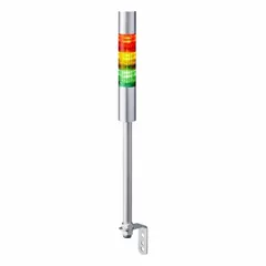 Three-tier tower light assembly with integrated sounder for visual and audible status indication. Features amber, green, and red light tiers, operates at 24V DC, and has an IP54 rating. Direct wire connection. Suitable for machine status, process alarms, and production line signaling in industrial environments.