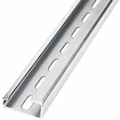 Steel G-section DIN rail mounting channel for terminal blocks. Complies with DIN 46277-1. Overall length 1 m. Used as a rigid base for organizing wiring in control panels and electrical enclosures.