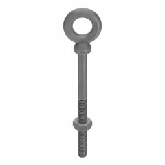 Steel, galvanized machinery eye bolt with shoulder, thread size 5/16"-18 and 2-1/2 in thread length. Includes nut. Used for lifting and rigging in industrial material handling, providing a secure attachment point for slings or hooks.