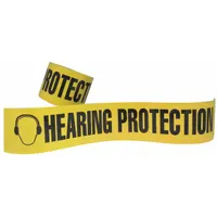 Vinyl floor marking tape with black 'Hearing Protection' legend on yellow background. 5.5 mil thickness, 3 in width, 54 ft length. Used to designate areas requiring hearing protection in industrial facilities