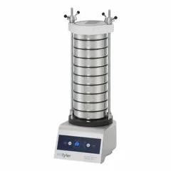 Vibration-type mechanical sieve shaker for particle size analysis. Accepts 8-inch diameter sieves and holds up to 9 full-size sieves. Provides consistent sieving action for separating and classifying granular materials by particle size in laboratory and industrial settings.