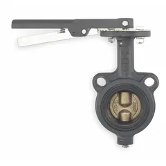 This 3-inch butterfly valve features a cast iron body with a concentric wafer design, suitable for on-off flow control in general-service piping systems. The ductile iron disc and FKM seal provide compatibility with water, air, and mild chemicals at pressures up to 200 psi CWP. A lever handle allows manual operation.