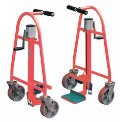 This mechanical-lift machinery and equipment mover features a middle nose plate and T-shaped handle for positioning loads. It includes straps for securing loads during transport. Overall dimensions are 23 in L x 15 in W x 32 1/2 in H. Typical applications include moving heavy machinery and equipment in industrial facilities, plant maintenance, assembly lines, and warehouse operations.