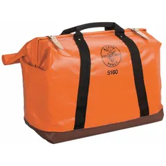 This nylon wide-mouth tool bag in orange measures 24 inches wide by 10 inches deep by 15 inches high. It has no external pockets and one inside pocket, providing a single compartment for carrying and organizing hand tools and small parts on job sites.