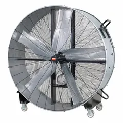 This Dayton industrial floor fan features a 60-inch blade diameter and a 1 hp belt-drive motor, operating on 120V AC. Its steel construction and mobile design allow for repositioning in large spaces such as warehouses, factories, and workshops for air circulation, ventilation, or drying. cUL certified.