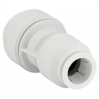 This polysulfone push-to-connect coupling connects 1 in OD tubing to 3/4 in OD tubing. It enables tool-free assembly for joining tubes in fluid systems, suitable for industrial applications requiring reliable connections