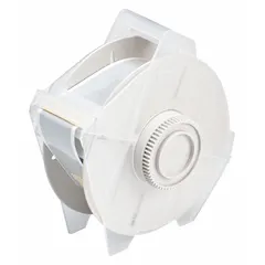 Plastic continuous label roll with silver gloss finish, 1 1/8 in x 50 ft, rated for outdoor use. Compatible with GlobalMark 2 printer series for thermal transfer printing. Used for industrial identification on pipes, equipment, and signage.