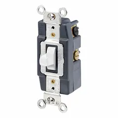 This toggle wall switch features a Double Pole/Double Throw maintained configuration, allowing simultaneous control of two separate circuits. Rated for 30 A at 120/277V AC, it is suitable for switching lighting or other loads in commercial and industrial environments. The non-illuminated design comes in a white finish.