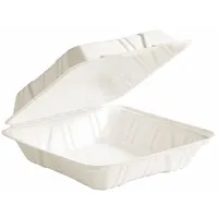White square molded fiber container with hinged lid, microwave safe. Suitable for carry-out food service in cafeterias, break rooms, and catering operations. Pack of 200