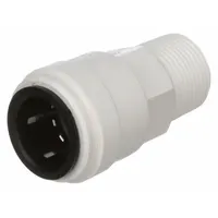 Polysulfone push-to-connect adapter with male NPT threads for connecting 3/4 in OD tube to 3/4 in pipe. Enables tool-free installation in fluid handling systems for water, air, or chemical applications