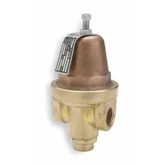 Brass general purpose pressure regulator with 3/8 in FNPT x FNPT connections. Adjustable outlet pressure range from 75 psi to 200 psi, maximum temperature 180°F. Used to reduce and stabilize inlet pressure in water, air, or light oil systems for commercial plumbing, irrigation, and industrial process lines.
