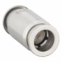 This union fitting connects two 12 mm OD tubes in pneumatic systems. It features push-to-connect ends for tool-free installation and is made of stainless steel with a silver finish. Suitable for joining tubing in fluid power and automation applications