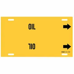 Yellow strap-on pipe marker with black 'Oil' legend and directional arrows. Fits pipe outer diameters of 10 to 15 inches. Used to identify oil-carrying pipes in industrial facilities.