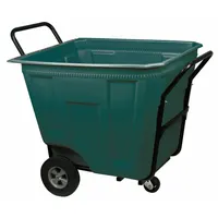 This general purpose cube truck from AKRO-MILS has a 12 cu ft capacity and a 450 lb load rating. It measures 47 in L x 30 1/2 in W x 39 1/2 in H, is colored green, and features a single swivel caster. The unit is supplied without a lid or cover, making it suitable for transporting bulk materials, parts, or waste in industrial and warehouse environments