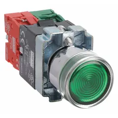 Momentary-action illuminated push button with an extended profile and metallic construction. Features a 22 mm mounting size, 1NO/1NC contact configuration, and pressure plate terminal connections. Typically used for control panel signaling and machine operation in industrial environments.
