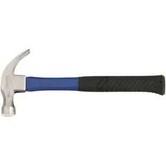 Steel curved-claw hammer with a 20 oz head and 13-inch fiberglass handle. Features a textured grip and smooth striking face. Designed for general striking and nail-pulling tasks in construction, maintenance, and repair work.