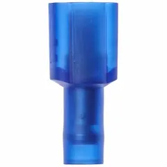 Partially insulated male tab quick disconnect for 16 AWG to 14 AWG wire. Blue nylon partial coverage provides insulation at the connection point. Used for making removable electrical connections in control panels, appliances, and automotive wiring.