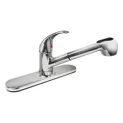 This single-post kitchen faucet from the Gold series is constructed of cast brass with a chrome finish and metal components. Designed for deck-mount installation, it features a low-arc spout and pull-out spray head for washing dishes, filling pots, and general food preparation tasks.