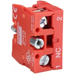 This contact block features a normally closed (1NC) configuration with momentary switch action. Screw clamp terminals provide secure wiring connections. Suitable for use in control panels where momentary switching is required.
