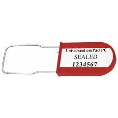 Plastic padlock seal with a 1 3/16 in hasp and 100 lb breaking strength. Features black sequential numbering and 'Sealed' marking. Used for tamper-evident sealing of containers, cabinets, and meters in logistics and industrial applications. Supplied in a 50-pack.