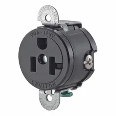 General purpose single receptacle outlet rated 20A at 125V AC with NEMA 5-20 configuration. Black finish, 2-pole/3-wire grounding. Suitable for flush mounting in commercial and industrial settings where a dedicated 20A outlet is required.