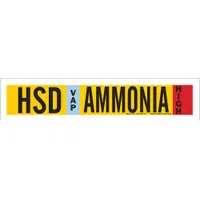 Pipe marker for identifying ammonia piping in industrial refrigeration systems. Designed for VAP (vapor) phase, high pressure level, IIAR system abbreviation HSD. Fits pipe outer diameter 2-1/2 to 7-7/8 inches. Supplied without arrows, adhesive-backed for ammonia service