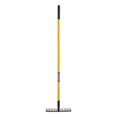 This level head rake features a fiberglass handle and straight handle type for leverage. It has 16 steel tines for leveling soil, spreading mulch, and clearing debris in landscaping and grounds maintenance tasks.
