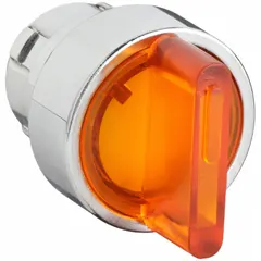 This illuminated selector-switch operator features a 22 mm panel mount size with a metallic bezel. It offers three positions with maintained/maintained/maintained action and includes no cam. Suitable for industrial control panels requiring a robust, illuminated interface for mode or function selection.