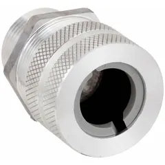 Straight metallic cable grip with 1 in MNPT box connection, accommodating cord diameters from 0.88 in to 1.00 in. Silver aluminum body with gray color-coded grommet. Rated IP66 for liquid-tight protection and Class I, Division 2 for hazardous locations. Overall length 2 5/16 in. Suitable for securing and sealing cable or flexible conduit in industrial environments.