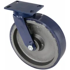 Swivel plate caster with a 12-inch diameter, 3-inch wide blue polyurethane wheel and 13 1/2-inch mounting height. Kingpinless design for heavy-duty use on industrial carts, racks, and equipment requiring smooth swivel movement.