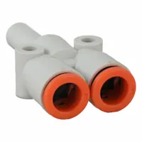 This SMC push-fit wye fitting is made of polybutylene terephthalate and features three 5/16 in OD ports. It is used to create a three-way branch connection in pneumatic or fluid-handling systems, suitable for compact tubing layouts in automation and industrial machinery