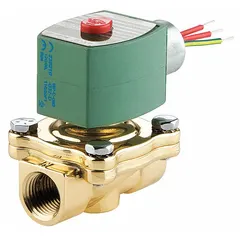 This REDHAT solenoid valve is a 2-way, 2-position normally closed valve with a 1/2 in pipe size and 110V AC voltage. The watertight coil enclosure provides protection against moisture. It is used for on/off flow control of liquids or gases in industrial piping systems, such as water treatment, irrigation, and process automation.