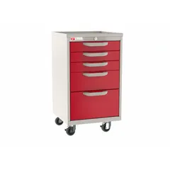Polymer cart with taupe cabinet and five red drawers. Equipped with two swivel casters with brake for mobility and secure positioning. Suitable for organizing and transporting medical supplies, instruments, and medications in clinical environments.