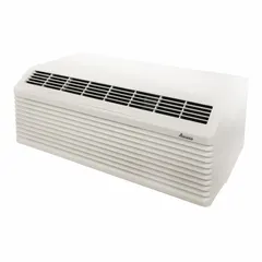 Packaged terminal air conditioner with heat pump and electric heat for through-wall installation. Provides 14,600 BtuH cooling and heating at 208/230V AC. Includes Wi-Fi capability. Suitable for heating and cooling commercial spaces such as hotel rooms, motels, and apartments.