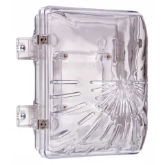 Clear polycarbonate guard for indoor wall-mounted horns or strobes. Protects against vandalism and accidental damage. Includes mounting hardware for surface mounting. Overall depth 8 1/2 inches.