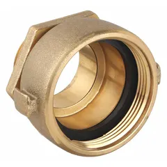 This brass, cast, straight adapter connects a 2-1/2 in NH fire hose to a 2 in NPT threaded pipe. It is used in fire protection systems, hydrants, and standpipe installations to provide a secure transition between hose and pipe threads.