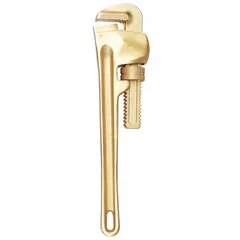 This nonsparking straight pipe wrench is constructed from beryllium copper alloy to prevent sparks in hazardous environments. It features serrated jaws and an I-Beam handle design, with a 24-inch overall length and 3-inch jaw capacity. Suitable for turning pipes and fittings in areas with flammable gases, vapors, or dust.