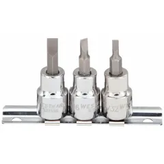 This 25-piece slotted bit socket set features a 3/8 in drive size and SAE sizing. The set includes 3 pieces with an overall length of 1 27/32 in. Designed for driving slotted screws in assembly, maintenance, and repair tasks.